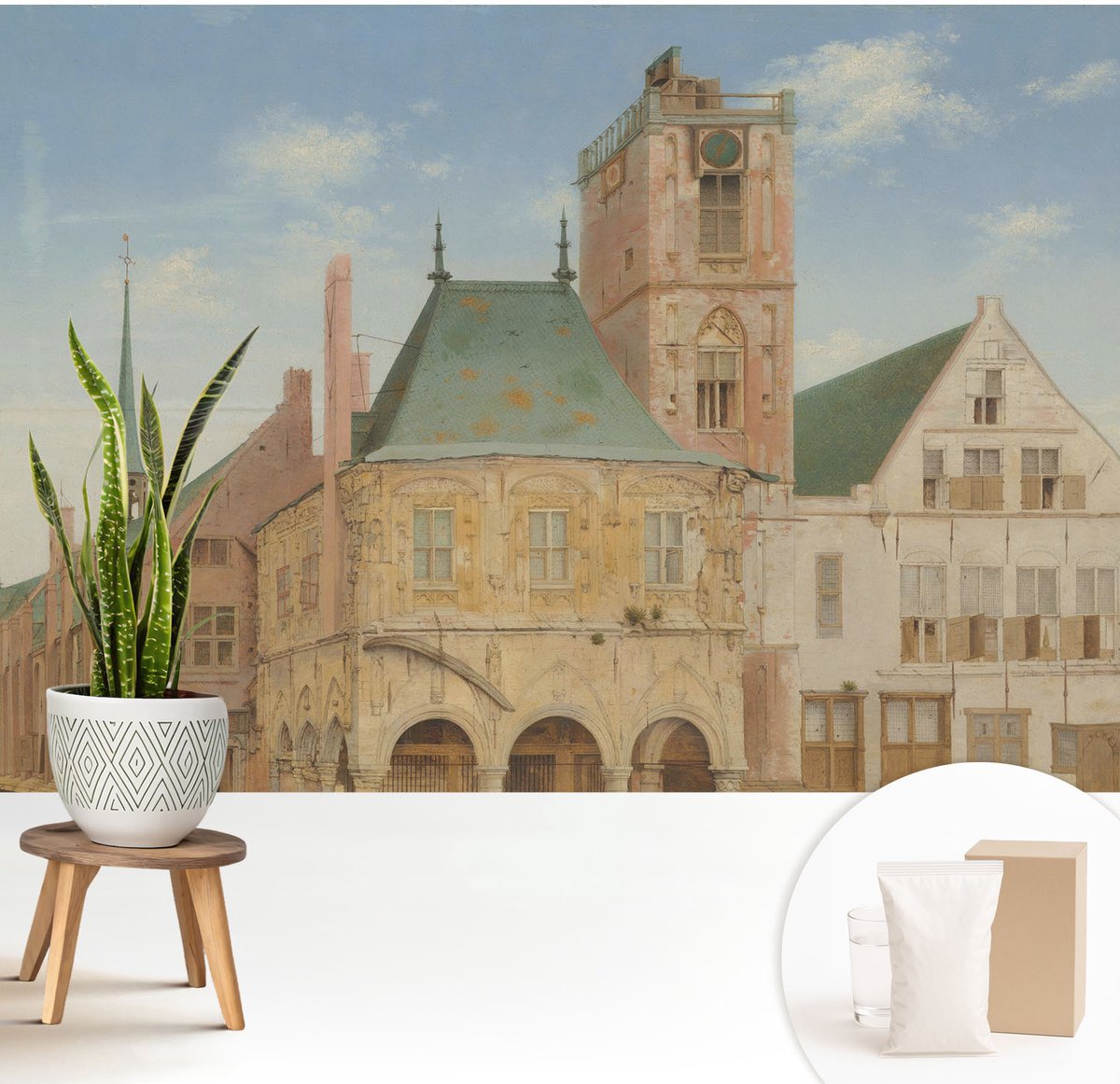 Wallfluent Fotobehang - Blauw Vliesbehang - 208x146 cm - Historisch Stadhuis Fotobehang Vlies - Hal behang Architectuur - Muurschildering - Woonkamer behang