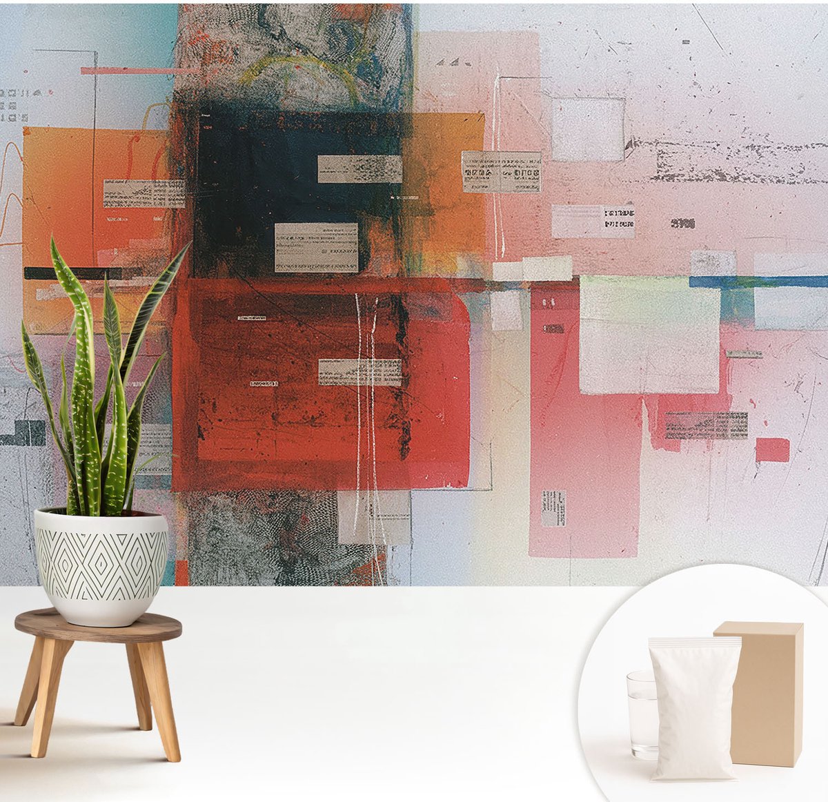 Wallfluent Fotobehang - Rood Vliesbehang - 208x146 cm - Abstracte Compositie Fotobehang Vlies - Hal behang Abstractie - Muurschildering - Woonkamer behang