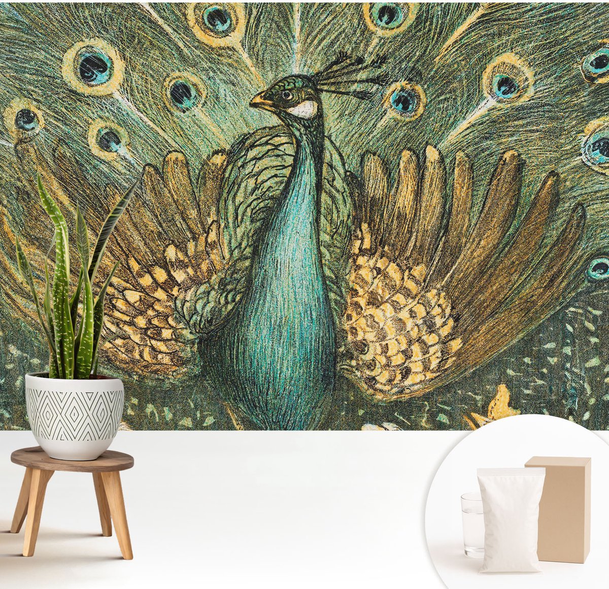 Wallfluent Fotobehang - Groente Vliesbehang - 208x146 cm - Majestueuze Pauw Fotobehang Vlies - Hal behang Dieren - Muurschildering - Hal behang