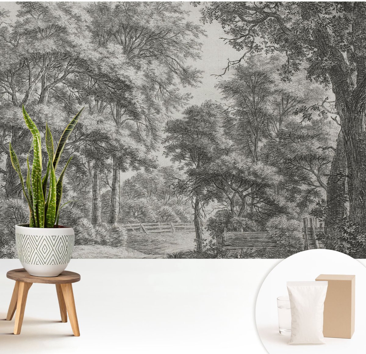 Wallfluent Fotobehang - Zwart-Wit Vliesbehang - 208x146 cm - Boslandschap Fotobehang Vlies - Woonkamer behang Landschappen - Muurschildering - Hal behang