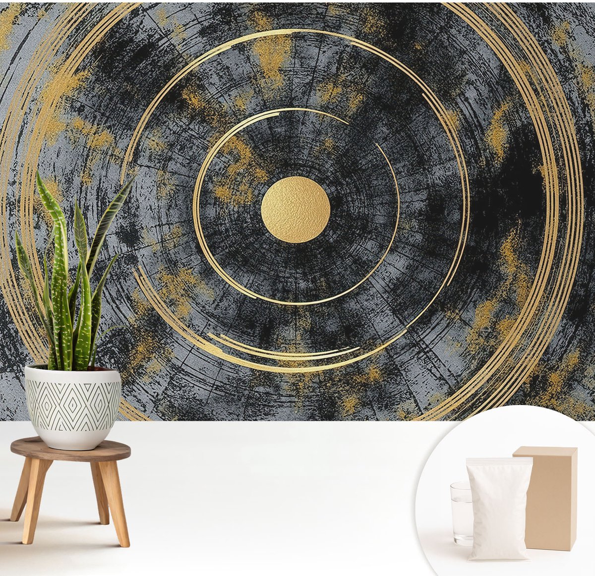 Wallfluent Fotobehang - Zwart Vliesbehang - 208x146 cm - Kosmische Dynamiek Muurschildering - Gang behang Geometrie - Fotobehang Vlies - Slaapkamer behang