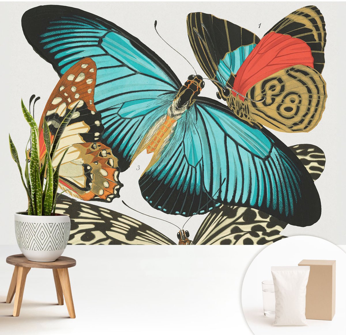 Wallfluent Fotobehang - Turkoois Vliesbehang - 208x146 cm - Kleurrijke Vlinders Muurschildering - Slaapkamer behang Dieren - Fotobehang Vlies - Gang behang