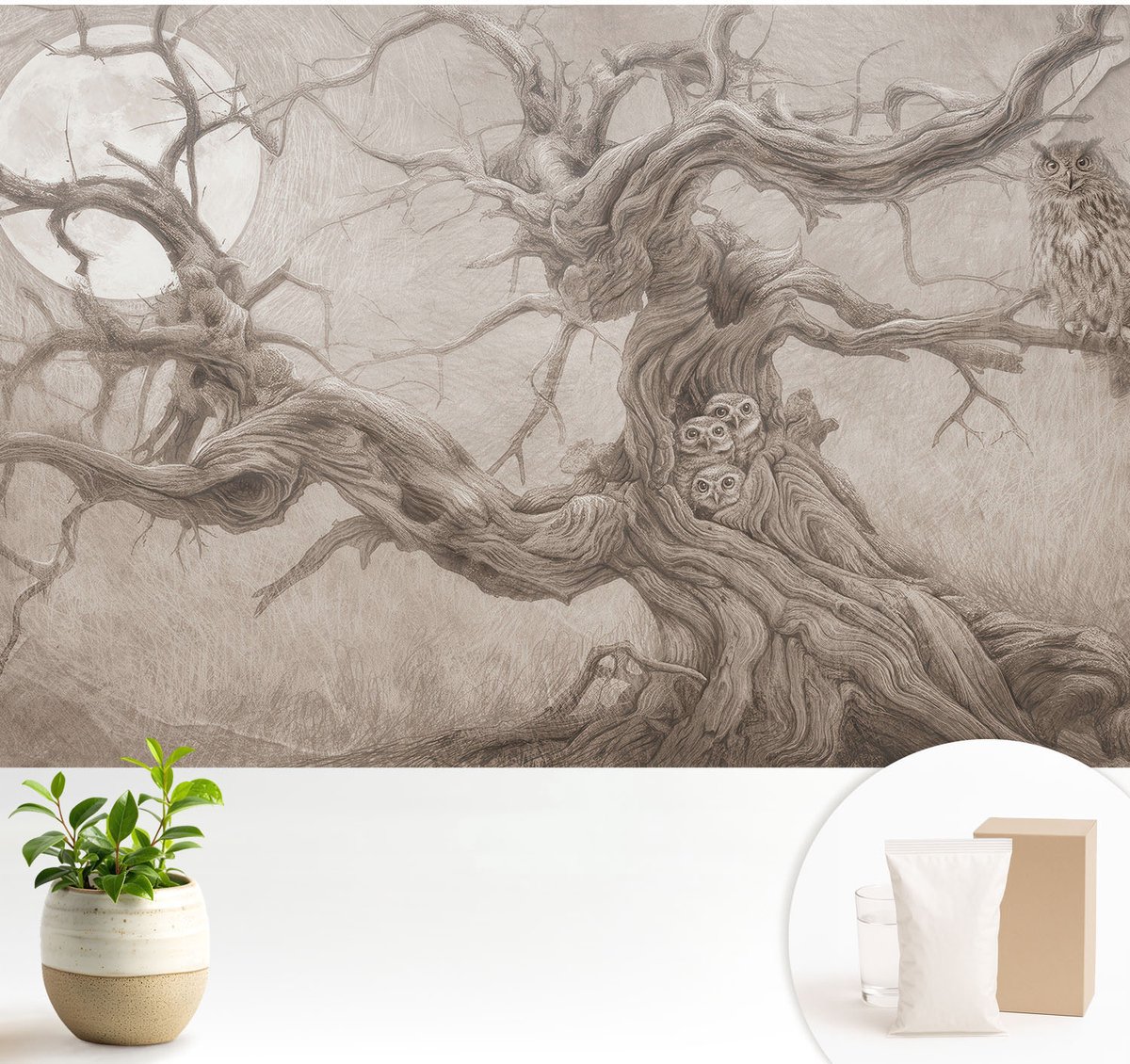 Wallfluent Fotobehang - Beige Vliesbehang - 104x70 cm - Nachtvogels Fotobehang Vlies - Woonkamer behang Deel - Muurschildering - Woonkamer behang