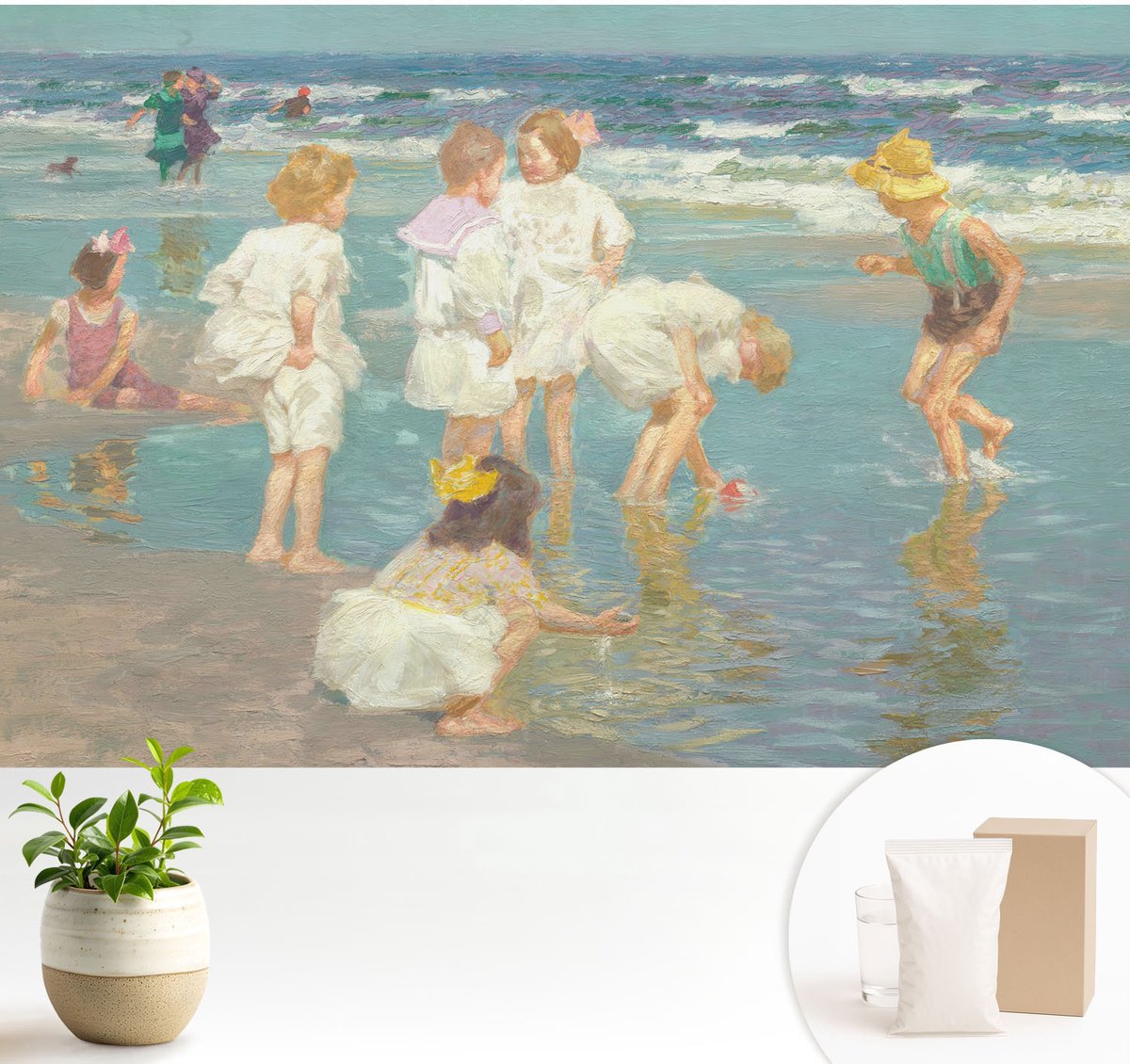 Wallfluent Fotobehang - Wit Vliesbehang - 104x70 cm - Jeugd Aan Het Strand Muurschildering - Slaapkamer behang Mensen - Fotobehang Vlies - Gang behang