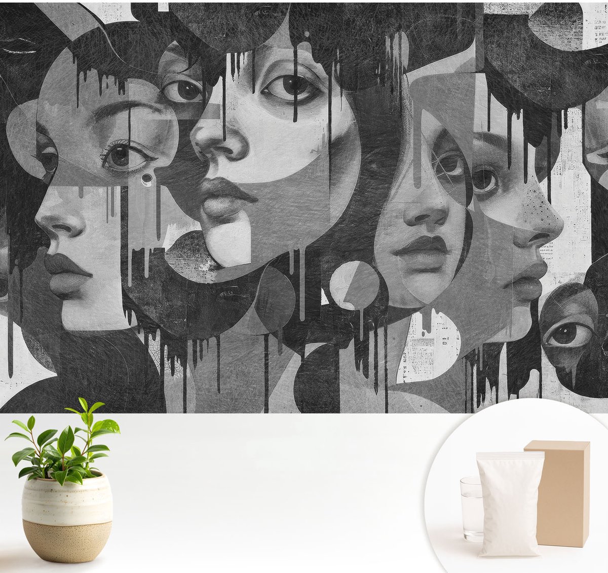 Wallfluent Fotobehang - Zwart-Wit Vliesbehang - 104x70 cm - Vrouwengezichten Muurschildering - Slaapkamer behang Deel - Fotobehang Vlies - Slaapkamer behang