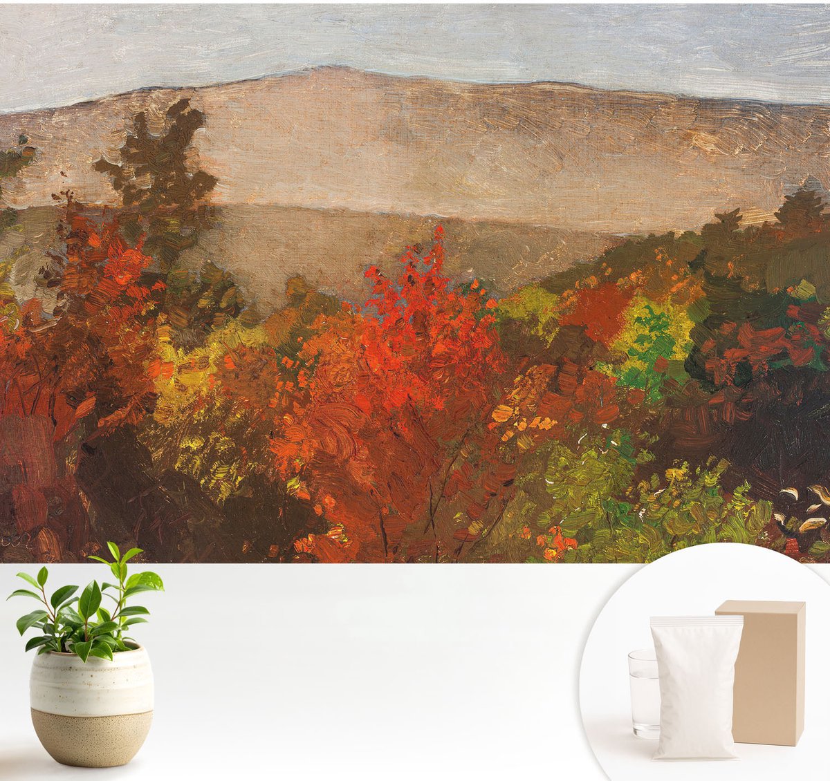 Wallfluent Fotobehang - Rood Vliesbehang - 104x70 cm - Herfstpanorama Muurschildering - Gang behang Landschappen - Fotobehang Vlies - Gang behang