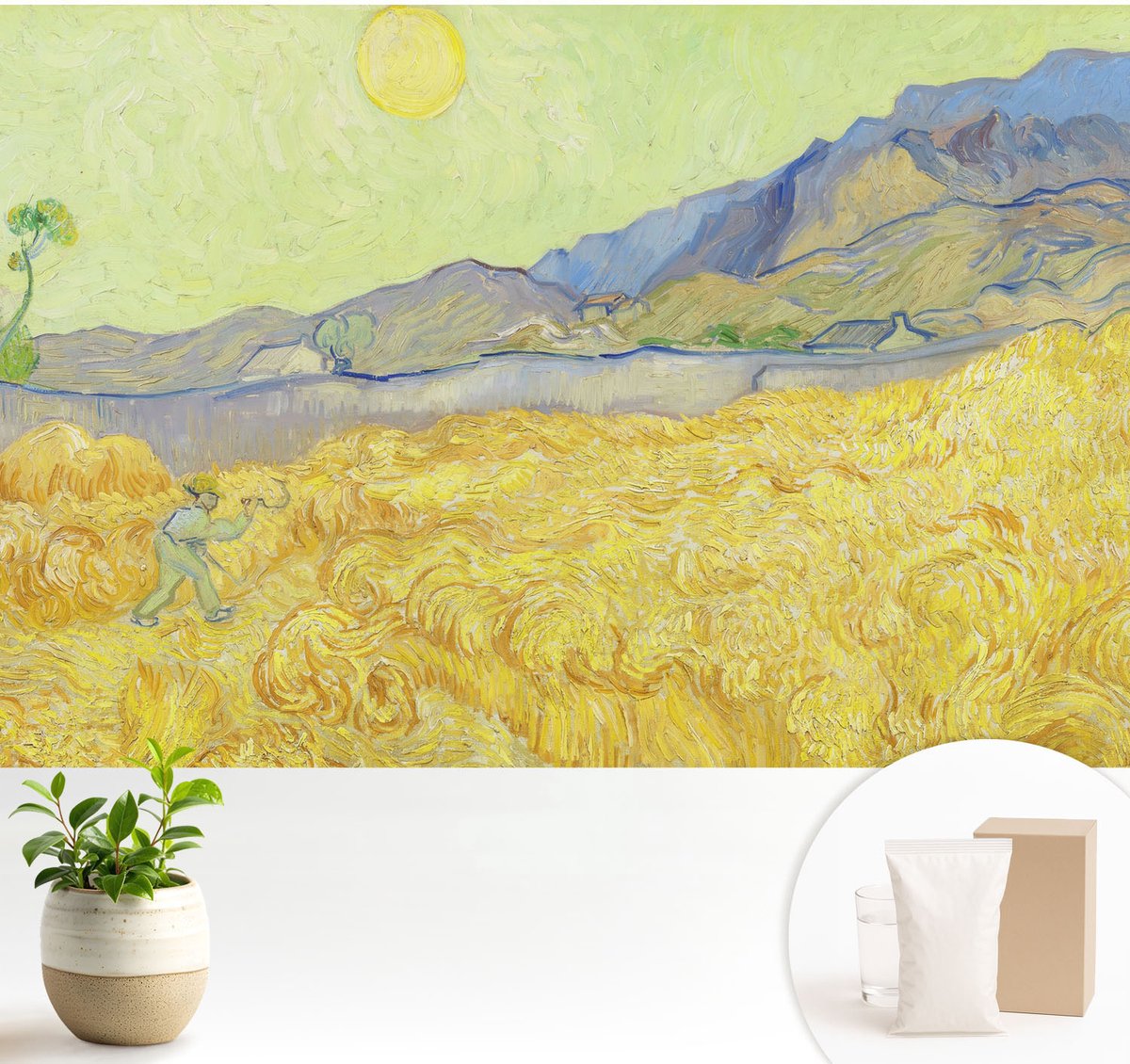 Wallfluent Fotobehang - Geel Vliesbehang - 104x70 cm - Tarweveld Fotobehang Vlies - Woonkamer behang Landschappen - Muurschildering - Hal behang