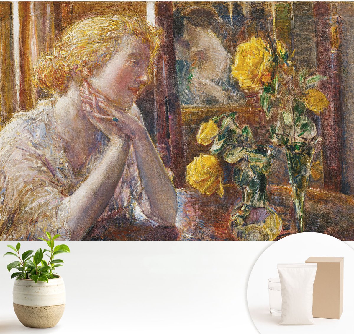 Wallfluent Fotobehang - Geel Vliesbehang - 104x70 cm - Vrouw Met Rozen Fotobehang Vlies - Woonkamer behang Deel - Muurschildering - Woonkamer behang