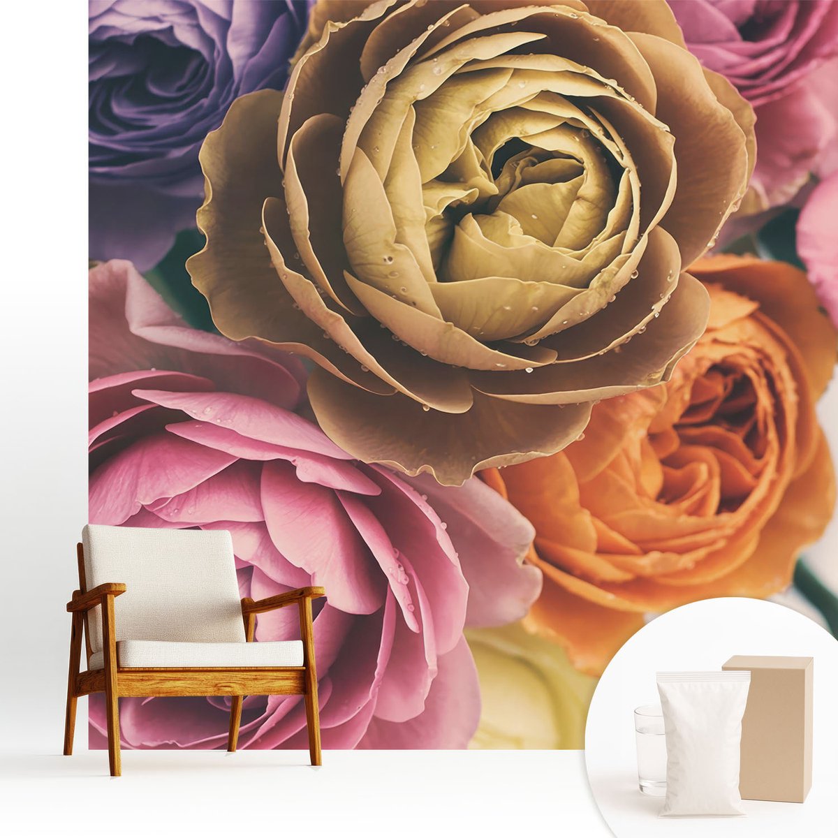 Wallfluent Fotobehang - Roze Vliesbehang - 250x250 cm - Kleurrijke Rozen Muurschildering - Gang behang Bloemen En Planten - Fotobehang Vlies - Gang behang