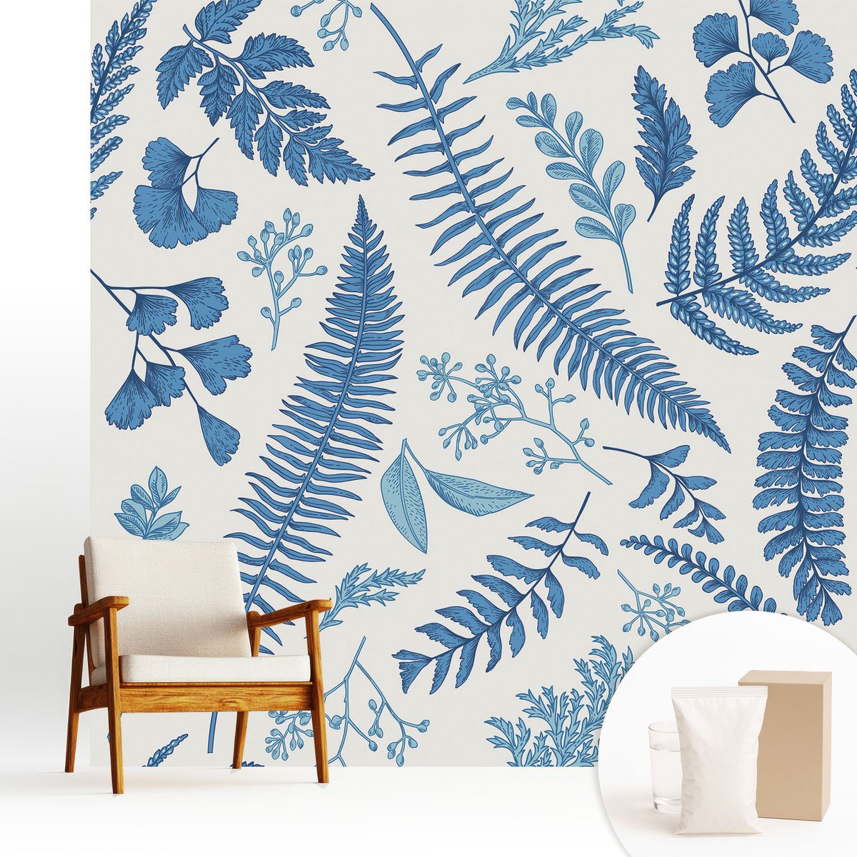 Wallfluent Fotobehang - Wit Vliesbehang - 250x250 cm - Botanische Patronen Fotobehang Vlies - Hal behang Bloemen En Planten - Muurschildering - Hal behang