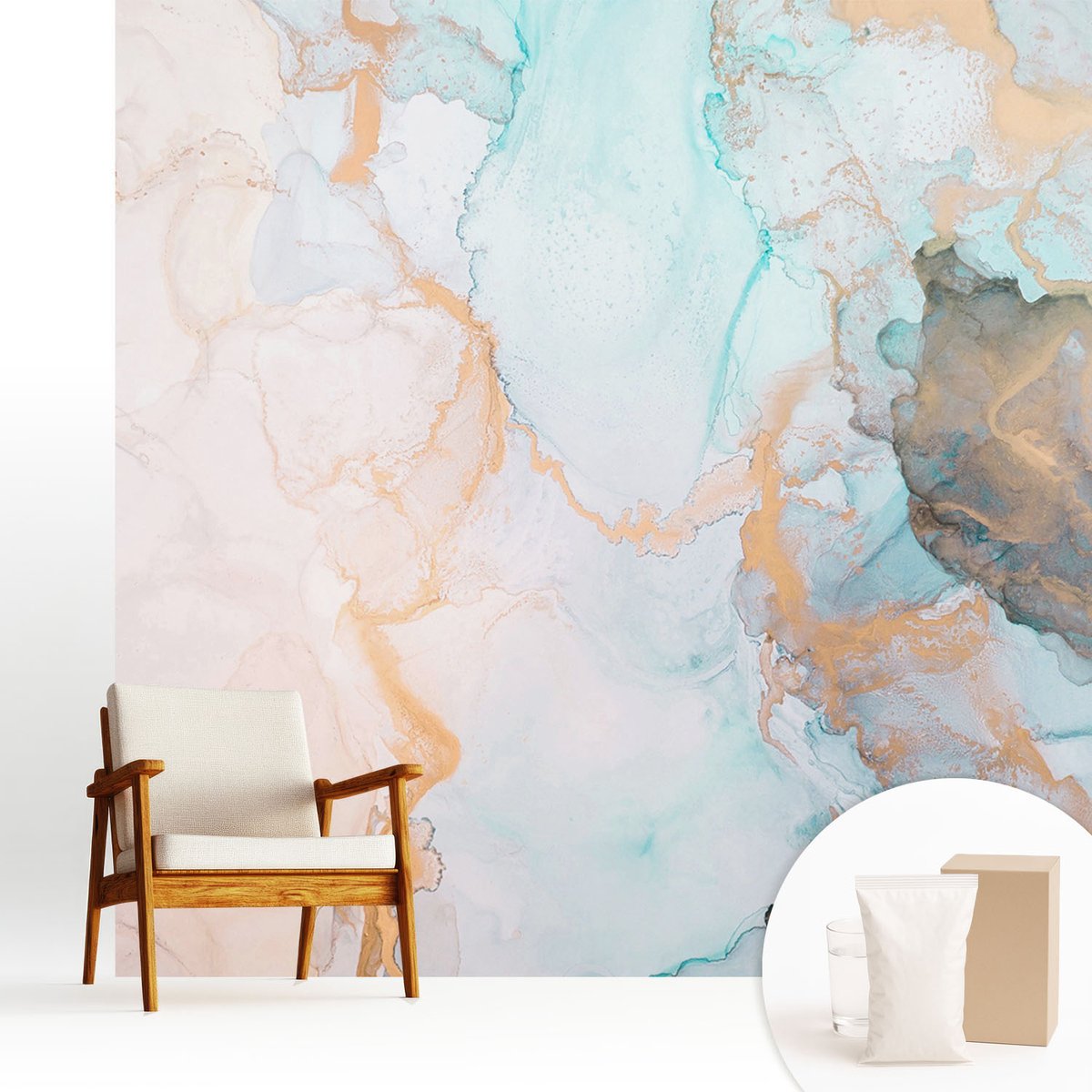 Wallfluent Fotobehang - Wit Vliesbehang - 250x250 cm - Aquarel Golven Fotobehang Vlies - Hal behang Deel - Muurschildering - Woonkamer behang