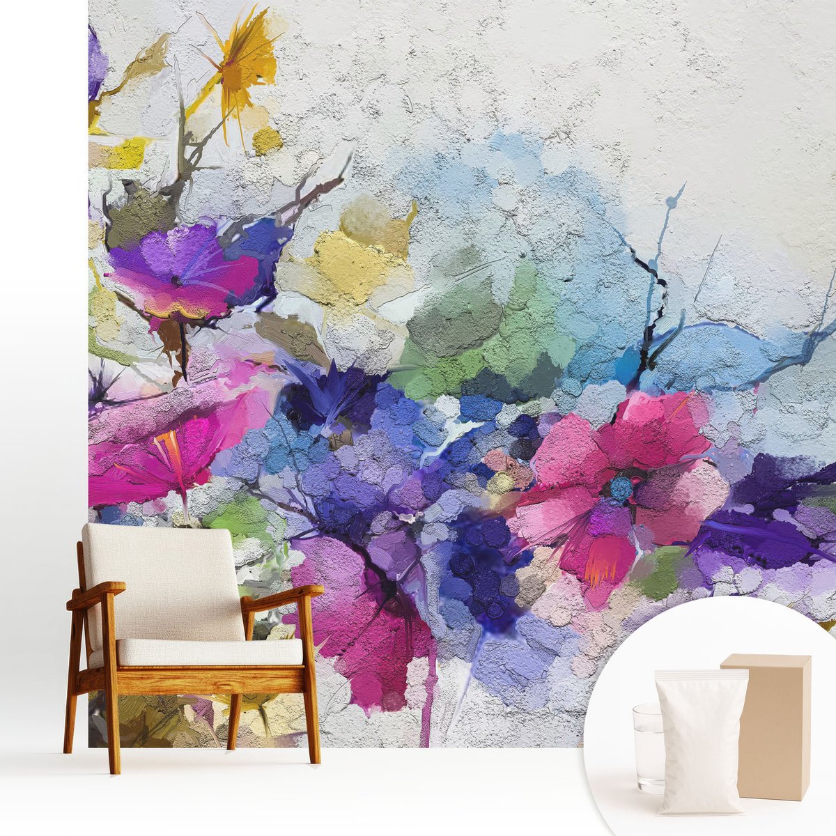 Wallfluent Fotobehang - Zwart Vliesbehang - 250x250 cm - Abstracte Bloemen Fotobehang Vlies - Hal behang Bloemen En Planten - Muurschildering - Woonkamer behang
