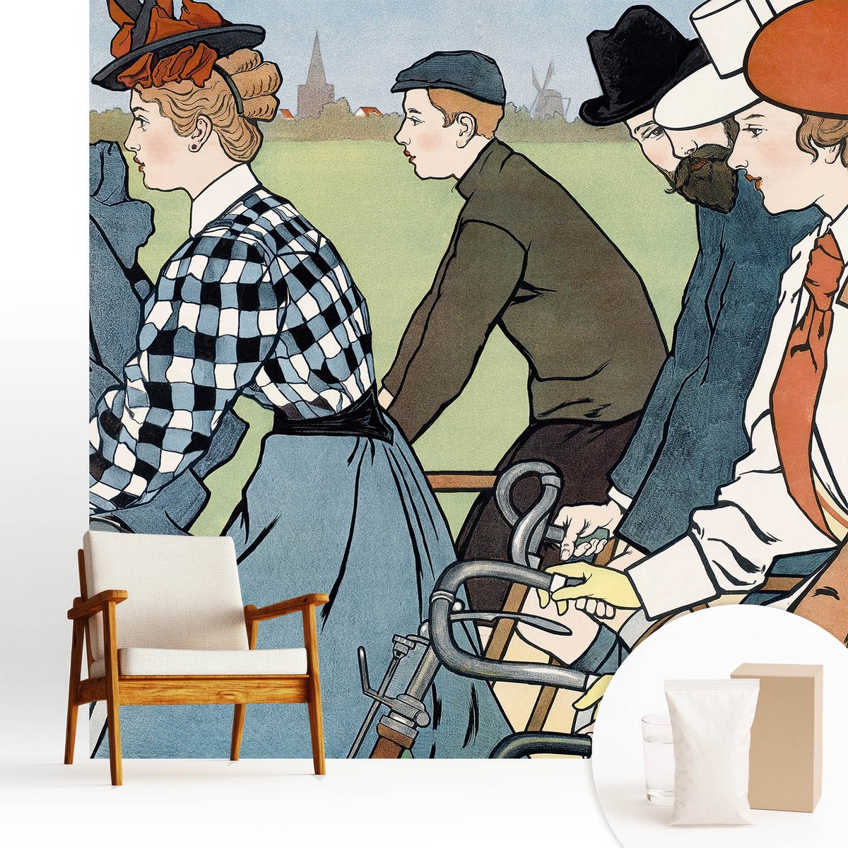Wallfluent Fotobehang - Wit Vliesbehang - 250x250 cm - Vintage Fietsers Fotobehang Vlies - Hal behang Mensen - Muurschildering - Woonkamer behang