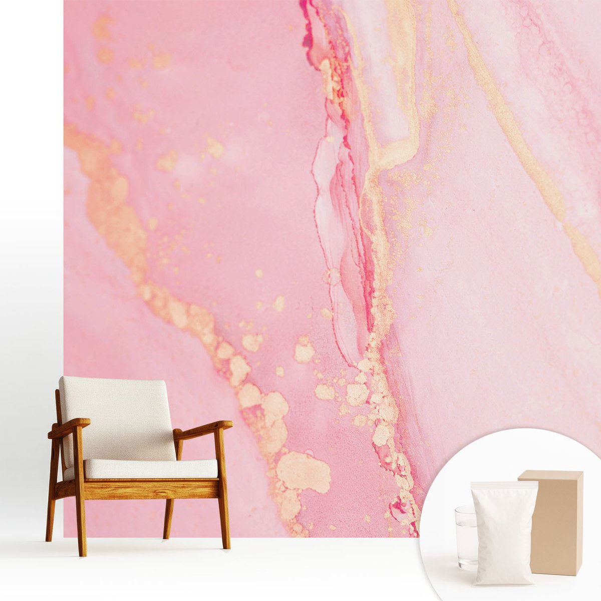Wallfluent Fotobehang - Roze Vliesbehang - 250x250 cm - Pastel Abstractie Fotobehang Vlies - Woonkamer behang Abstractie - Muurschildering - Woonkamer behang
