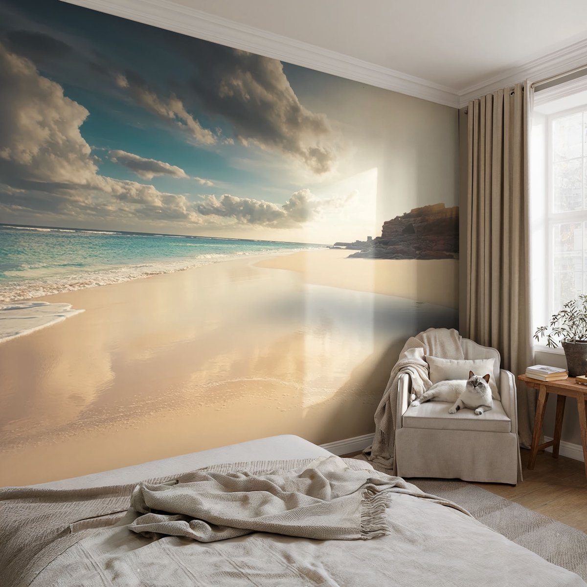 Wallfluent Fotobehang - Blauw Vliesbehang - 250x250 cm - Zonnige Kust Fotobehang Vlies - Woonkamer behang Landschappen - Muurschildering - Woonkamer behang