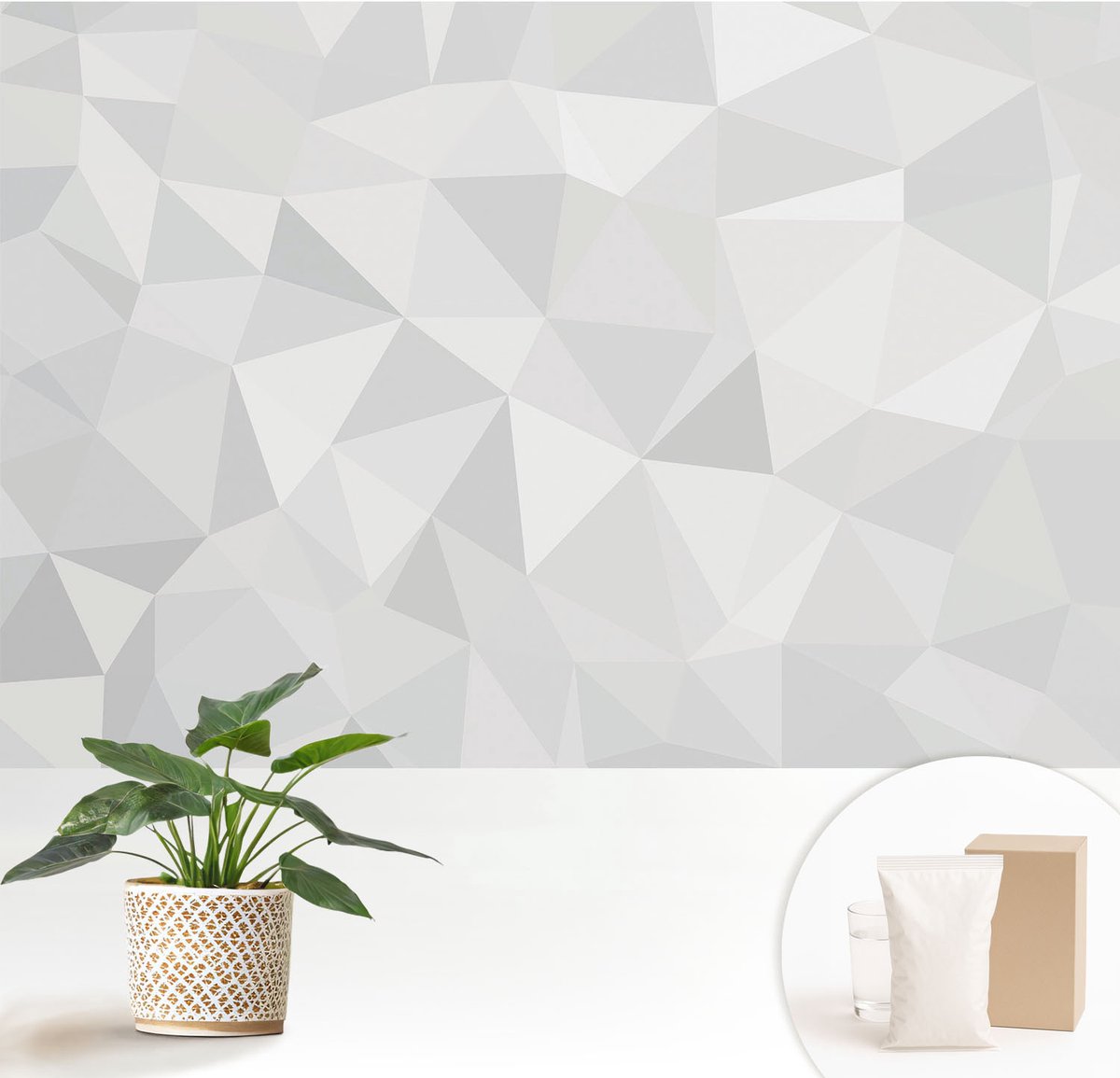 Wallfluent Fotobehang - Wit Vliesbehang - 152x104 cm - Driehoekig Mozaïek Muurschildering - Slaapkamer behang Geometrie - Fotobehang Vlies - Slaapkamer behang