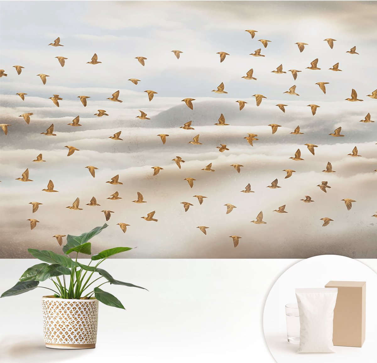 Wallfluent Fotobehang - Beige Vliesbehang - 152x104 cm - Vogels In Vlucht Muurschildering - Slaapkamer behang Dieren - Fotobehang Vlies - Slaapkamer behang