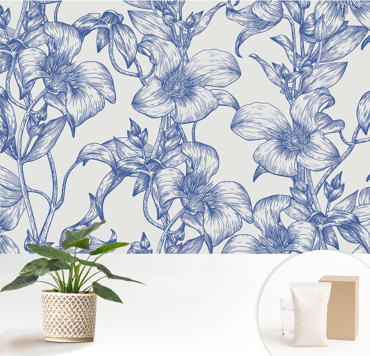 Wallfluent Fotobehang - Wit Vliesbehang - 152x104 cm - Bloemtakken Fotobehang Vlies - Hal behang Bloemen En Planten - Muurschildering - Hal behang