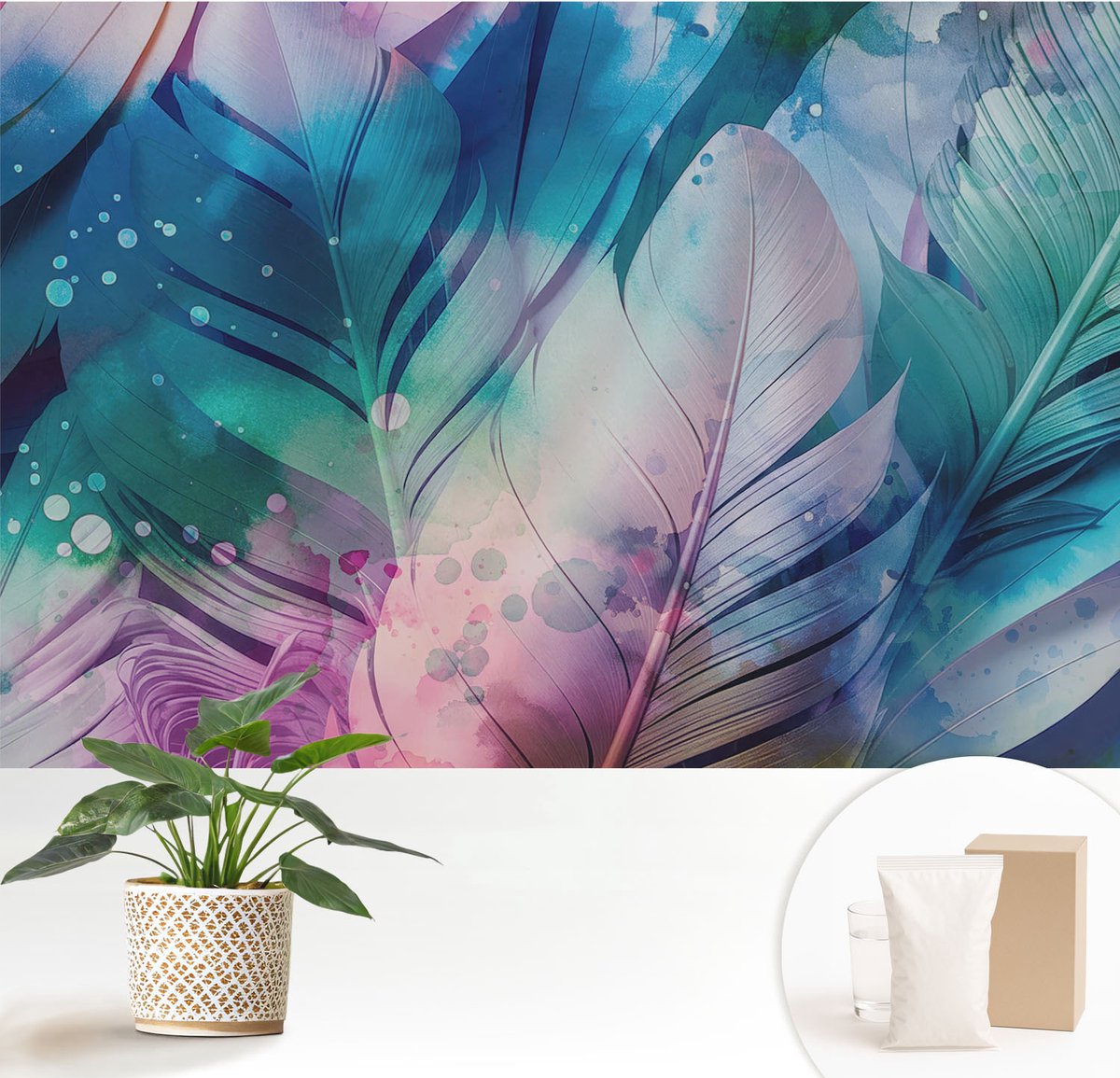 Wallfluent Fotobehang - Blauw Vliesbehang - 152x104 cm - Kleurrijke Veren Fotobehang Vlies - Hal behang Deel - Muurschildering - Woonkamer behang