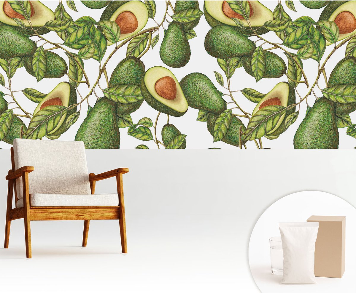 Wallfluent Fotobehang - Groente Vliesbehang - 250x104 cm - Avocado-Patroon Muurschildering - Gang behang Voedsel - Fotobehang Vlies - Slaapkamer behang