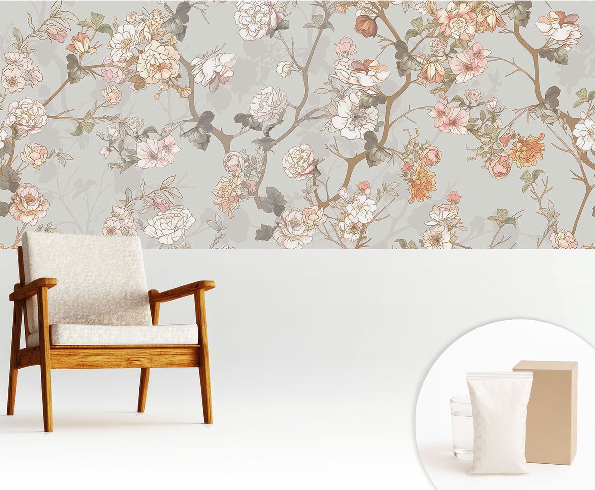 Wallfluent Fotobehang - Grijs Vliesbehang - 250x104 cm - Romantisch Patroon Fotobehang Vlies - Woonkamer behang Bloemen En Planten - Muurschildering - Woonkamer behang