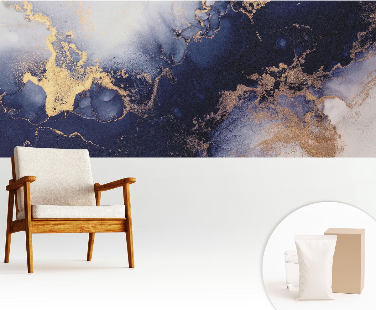 Wallfluent Fotobehang - Marine Vliesbehang - 250x104 cm - Marineblauwe Golven Muurschildering - Slaapkamer behang Abstractie - Fotobehang Vlies - Slaapkamer behang