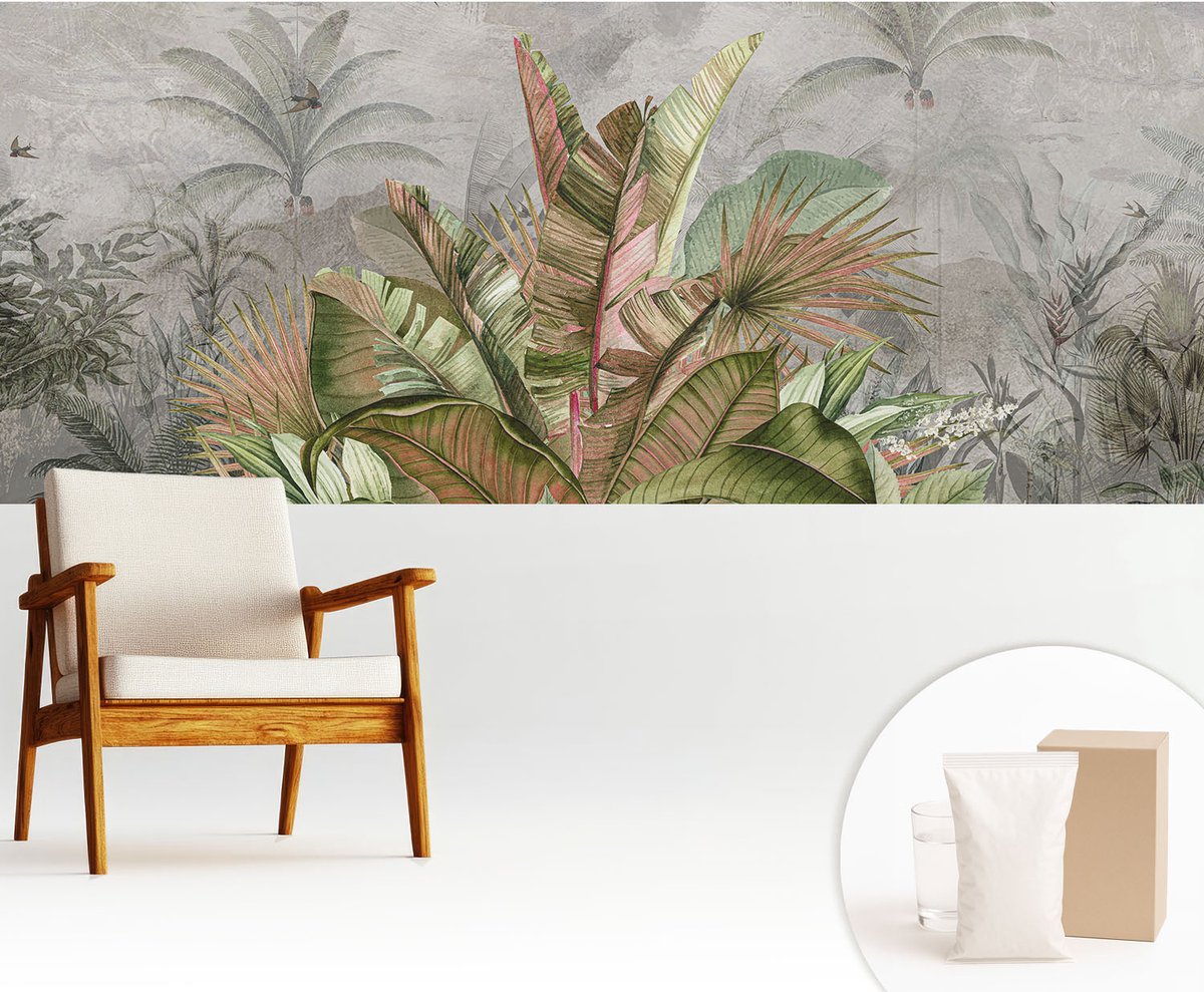 Wallfluent Fotobehang - Grijs Vliesbehang - 250x104 cm - Exotische Jungle Muurschildering - Gang behang Bloemen En Planten - Fotobehang Vlies - Slaapkamer behang