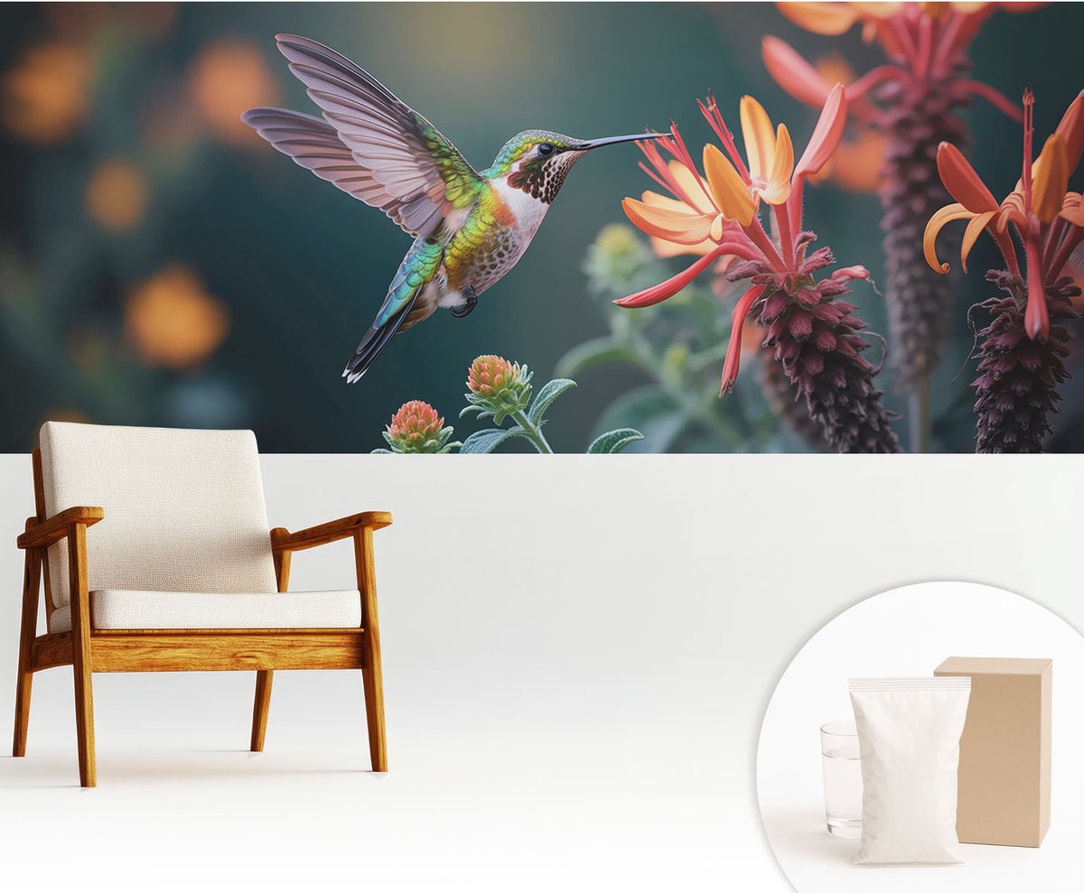 Wallfluent Fotobehang - Groente Vliesbehang - 250x104 cm - Kolibriebloemen Muurschildering - Slaapkamer behang Dieren - Fotobehang Vlies - Gang behang