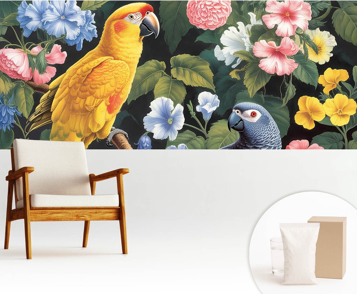Wallfluent Fotobehang - Geel Vliesbehang - 250x104 cm - Exotische Vogels Fotobehang Vlies - Woonkamer behang Dieren - Muurschildering - Woonkamer behang
