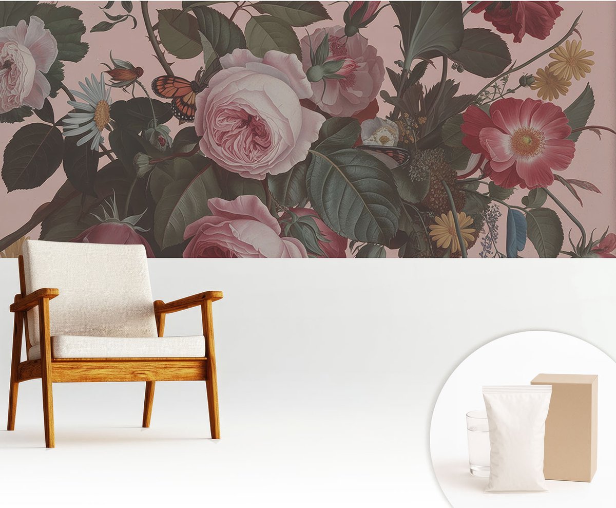 Wallfluent Fotobehang - Roze Vliesbehang - 250x104 cm - Bloemige Elegantie Fotobehang Vlies - Hal behang Bloemen En Planten - Muurschildering - Hal behang