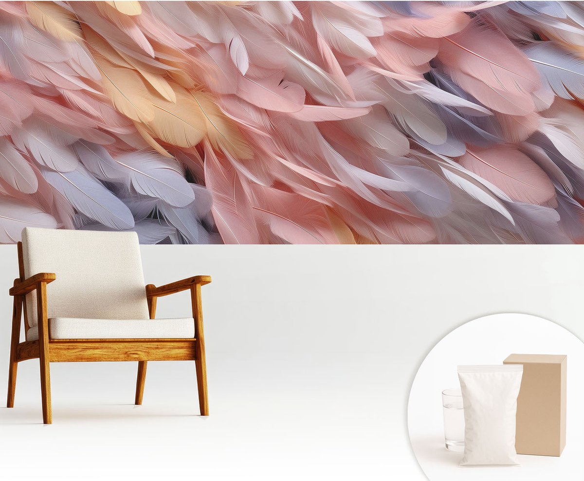 Wallfluent Fotobehang - Roze Vliesbehang - 250x104 cm - Pastelkleurige Veren Muurschildering - Slaapkamer behang Texturen - Fotobehang Vlies - Slaapkamer behang