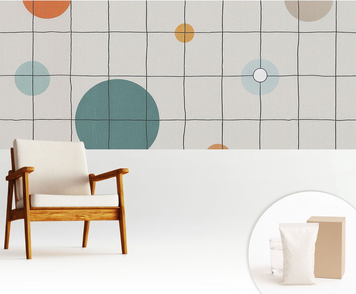Wallfluent Fotobehang - Wit Vliesbehang - 250x104 cm - Gekleurde Cirkels Fotobehang Vlies - Hal behang Abstractie - Muurschildering - Hal behang