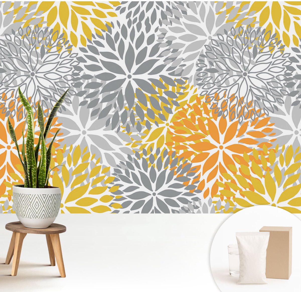 Wallfluent Fotobehang - Grijs Vliesbehang - 208x146 cm - Bloemenergie Fotobehang Vlies - Hal behang Bloemen En Planten - Muurschildering - Woonkamer behang
