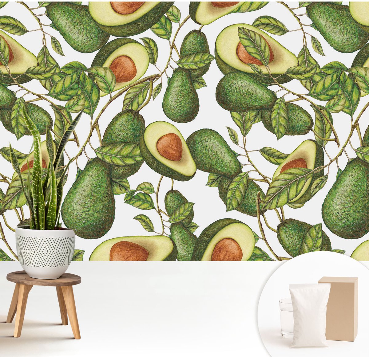 Wallfluent Fotobehang - Groente Vliesbehang - 208x146 cm - Avocado-Patroon Muurschildering - Slaapkamer behang Voedsel - Fotobehang Vlies - Slaapkamer behang