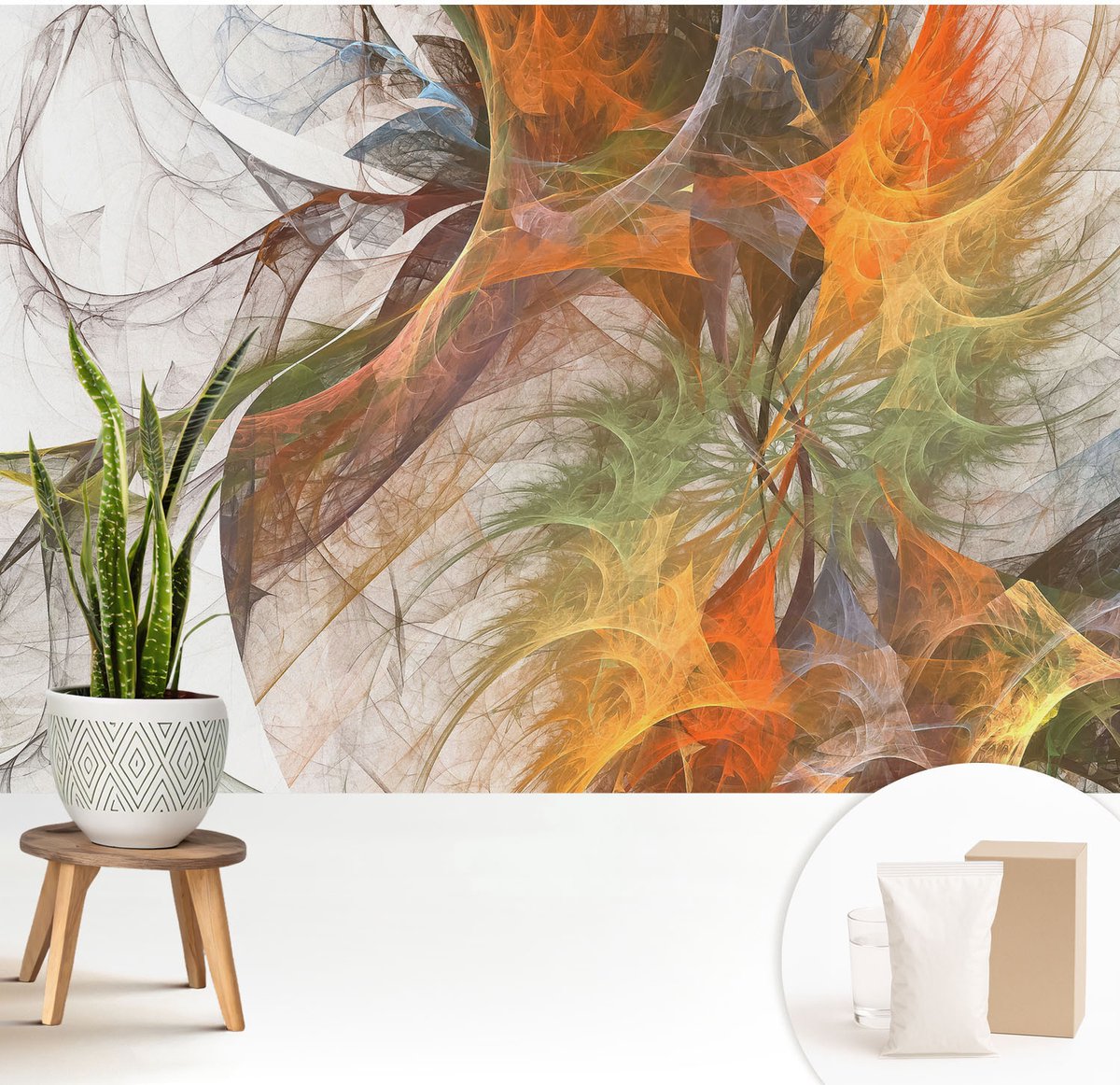 Wallfluent Fotobehang - Oranje Vliesbehang - 208x146 cm - Abstracte Caleidoscoop Muurschildering - Slaapkamer behang Deel - Fotobehang Vlies - Slaapkamer behang