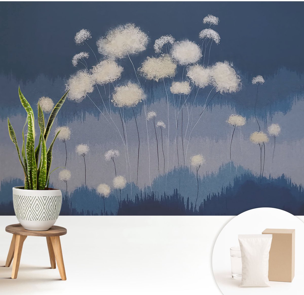Wallfluent Fotobehang - Marine Vliesbehang - 208x146 cm - Witte Paardenbloemen Muurschildering - Slaapkamer behang Deel - Fotobehang Vlies - Slaapkamer behang