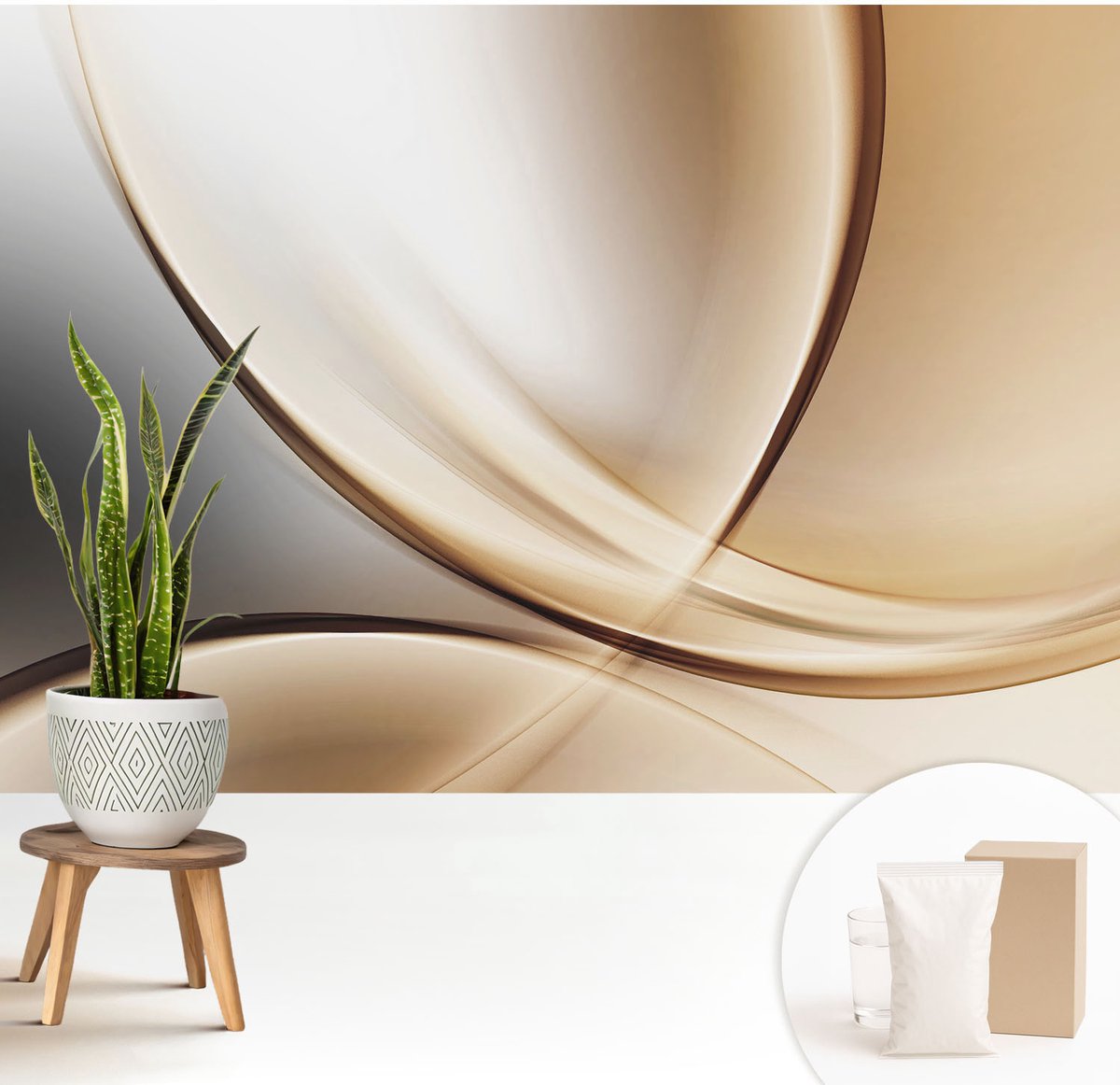 Wallfluent Fotobehang - Beige Vliesbehang - 208x146 cm - Afgeronde Lijnen Fotobehang Vlies - Woonkamer behang Abstractie - Muurschildering - Woonkamer behang