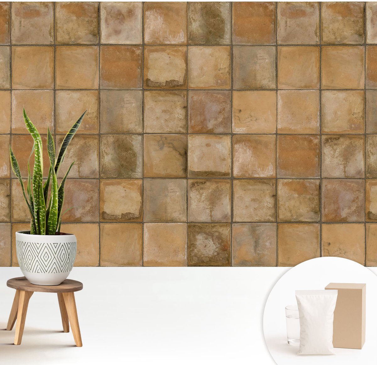 Wallfluent Fotobehang - Bruin Vliesbehang - 208x146 cm - Rustiek Mozaïek Fotobehang Vlies - Woonkamer behang Achtergronden En Patronen - Muurschildering - Woonkamer behang