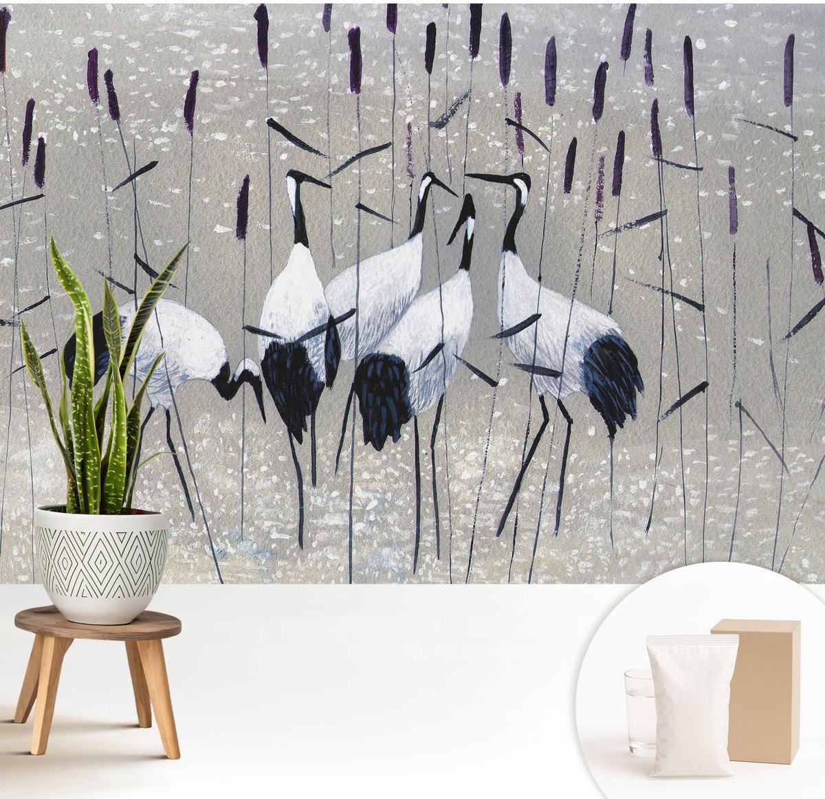 Wallfluent Fotobehang - Grijs Vliesbehang - 208x146 cm - Harmonieuze Kraanvogels Muurschildering - Gang behang Dieren - Fotobehang Vlies - Slaapkamer behang