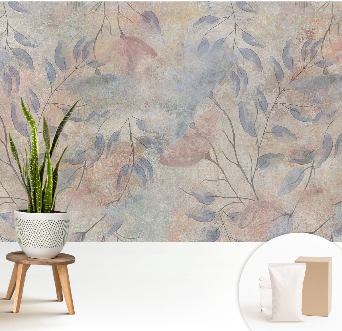 Wallfluent Fotobehang - Grijs Vliesbehang - 208x146 cm - Abstracte Bladeren Fotobehang Vlies - Hal behang Bloemen En Planten - Muurschildering - Hal behang