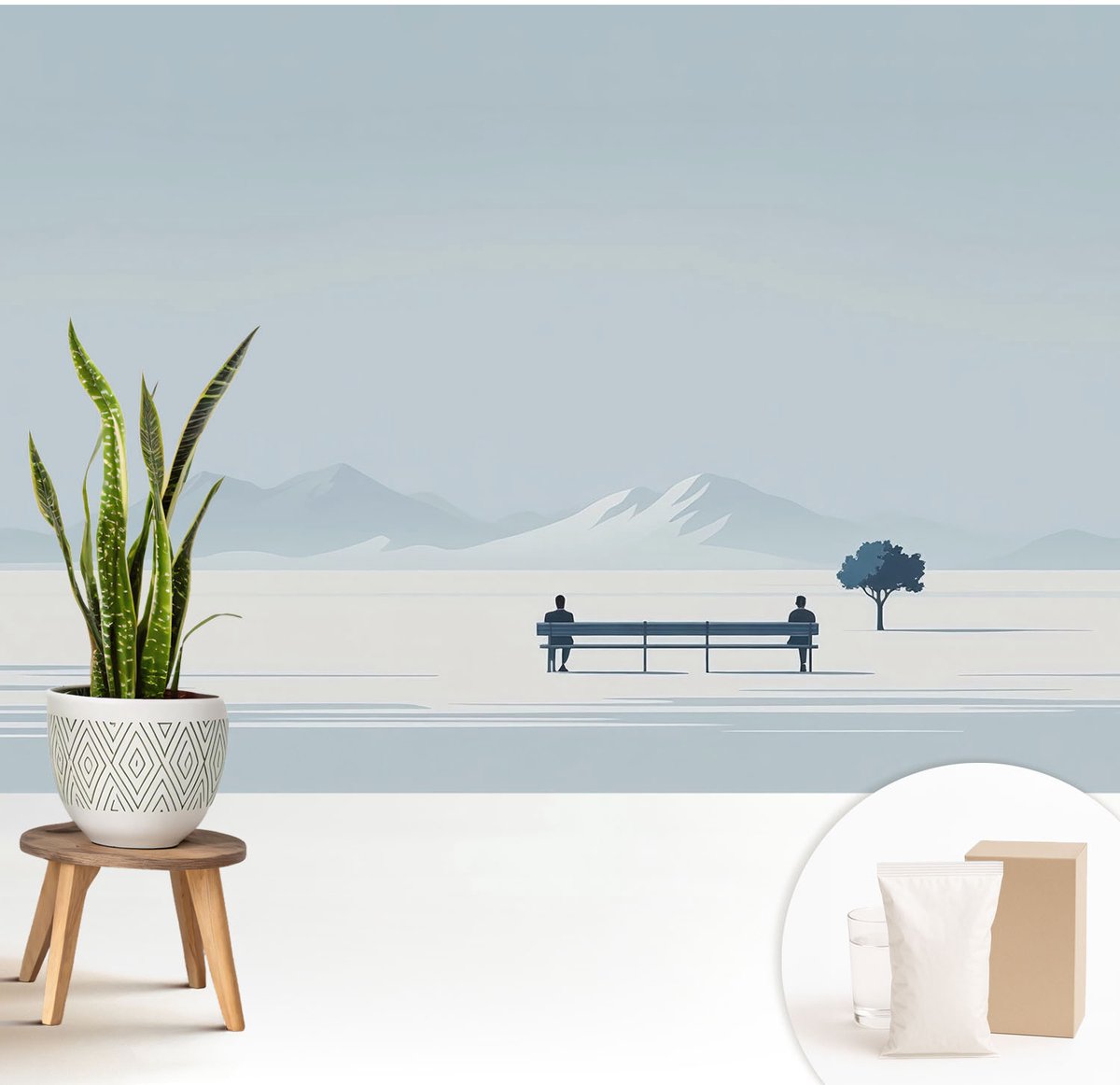 Wallfluent Fotobehang - Blauw Vliesbehang - 208x146 cm - Minimalistisch Landschap Fotobehang Vlies - Woonkamer behang Landschappen - Muurschildering - Woonkamer behang