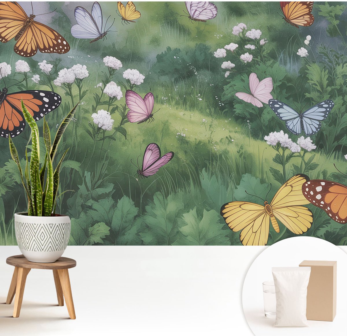 Wallfluent Fotobehang - Groente Vliesbehang - 208x146 cm - Vlinders In De Weide Fotobehang Vlies - Woonkamer behang Bloemen En Planten - Muurschildering - Hal behang