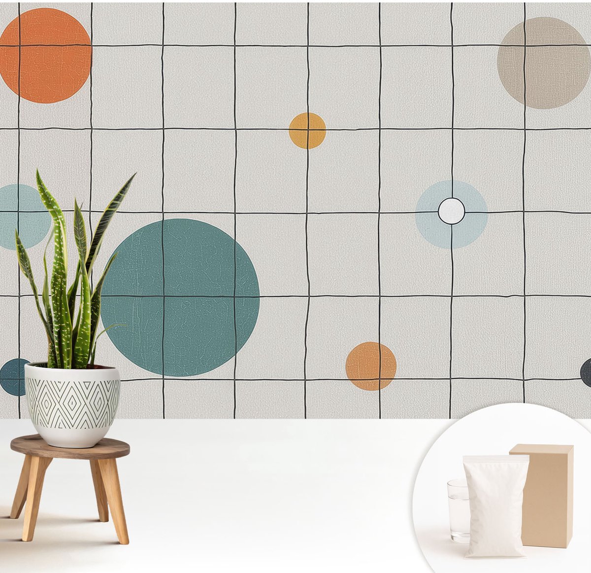 Wallfluent Fotobehang - Wit Vliesbehang - 208x146 cm - Gekleurde Cirkels Fotobehang Vlies - Woonkamer behang Abstractie - Muurschildering - Hal behang