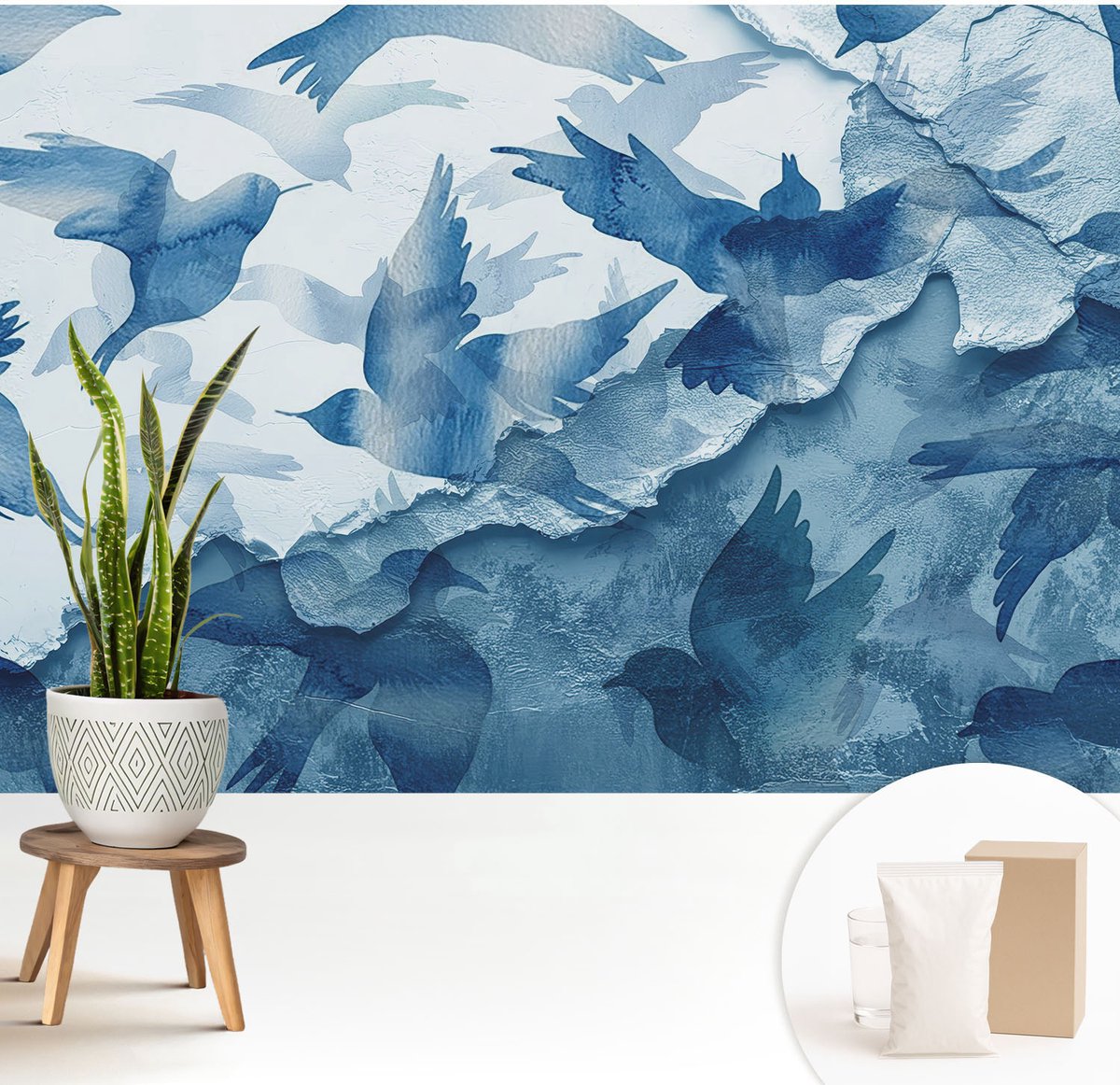 Wallfluent Fotobehang - Blauw Vliesbehang - 208x146 cm - Dynamische Vogels Muurschildering - Gang behang Dieren - Fotobehang Vlies - Gang behang