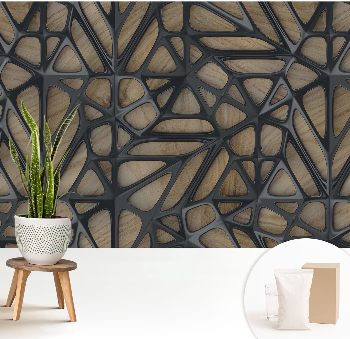 Wallfluent Fotobehang - Beige Vliesbehang - 208x146 cm - Houten Net Fotobehang Vlies - Woonkamer behang Abstractie - Muurschildering - Woonkamer behang