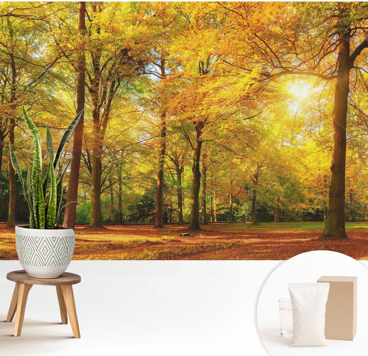 Wallfluent Fotobehang - Geel Vliesbehang - 208x146 cm - Gouden Bladeren Fotobehang Vlies - Hal behang Landschappen - Muurschildering - Hal behang