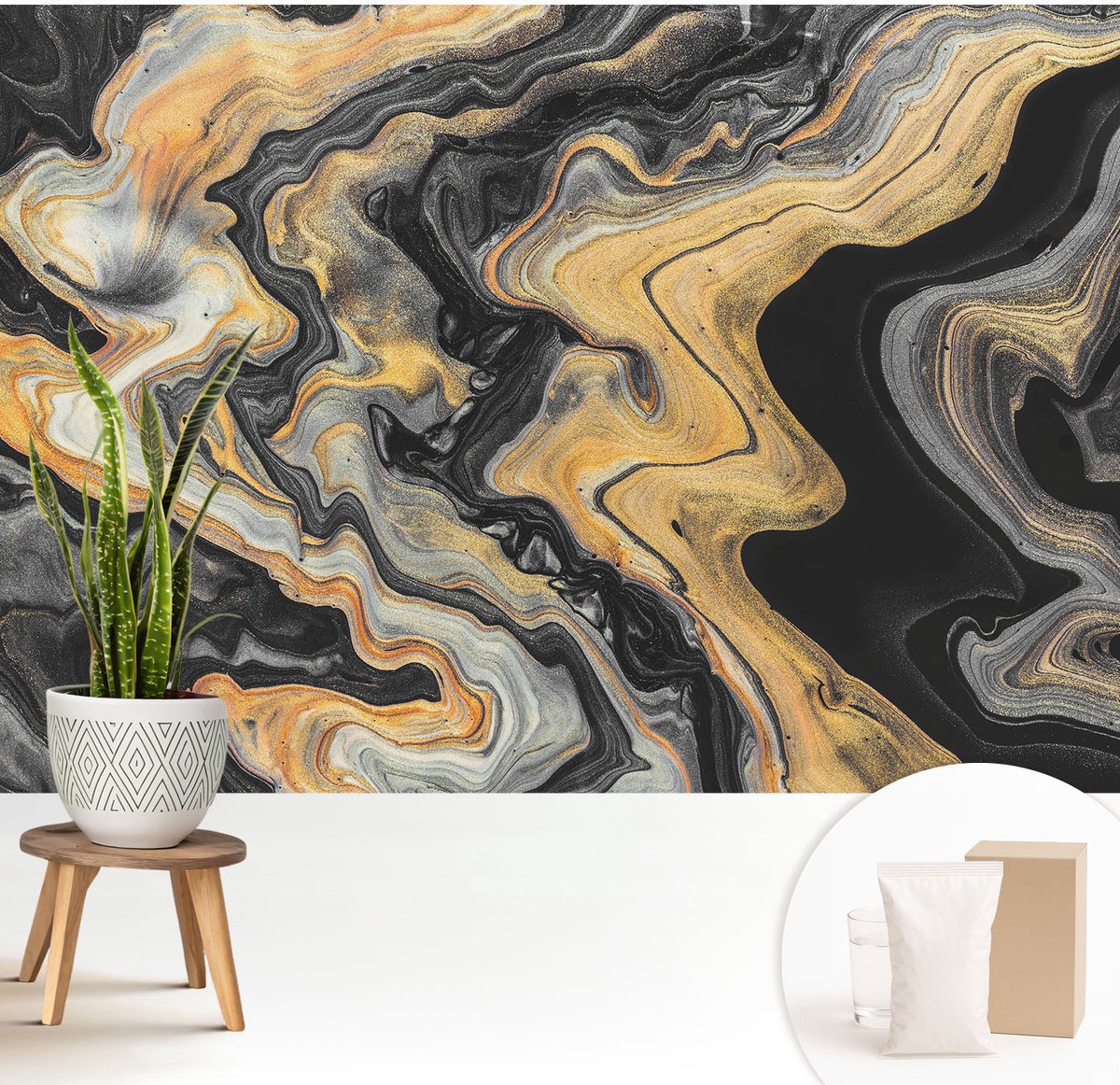 Wallfluent Fotobehang - Zwart Vliesbehang - 208x146 cm - Caleidoscoop Van Lijnen Fotobehang Vlies - Hal behang Abstractie - Muurschildering - Woonkamer behang
