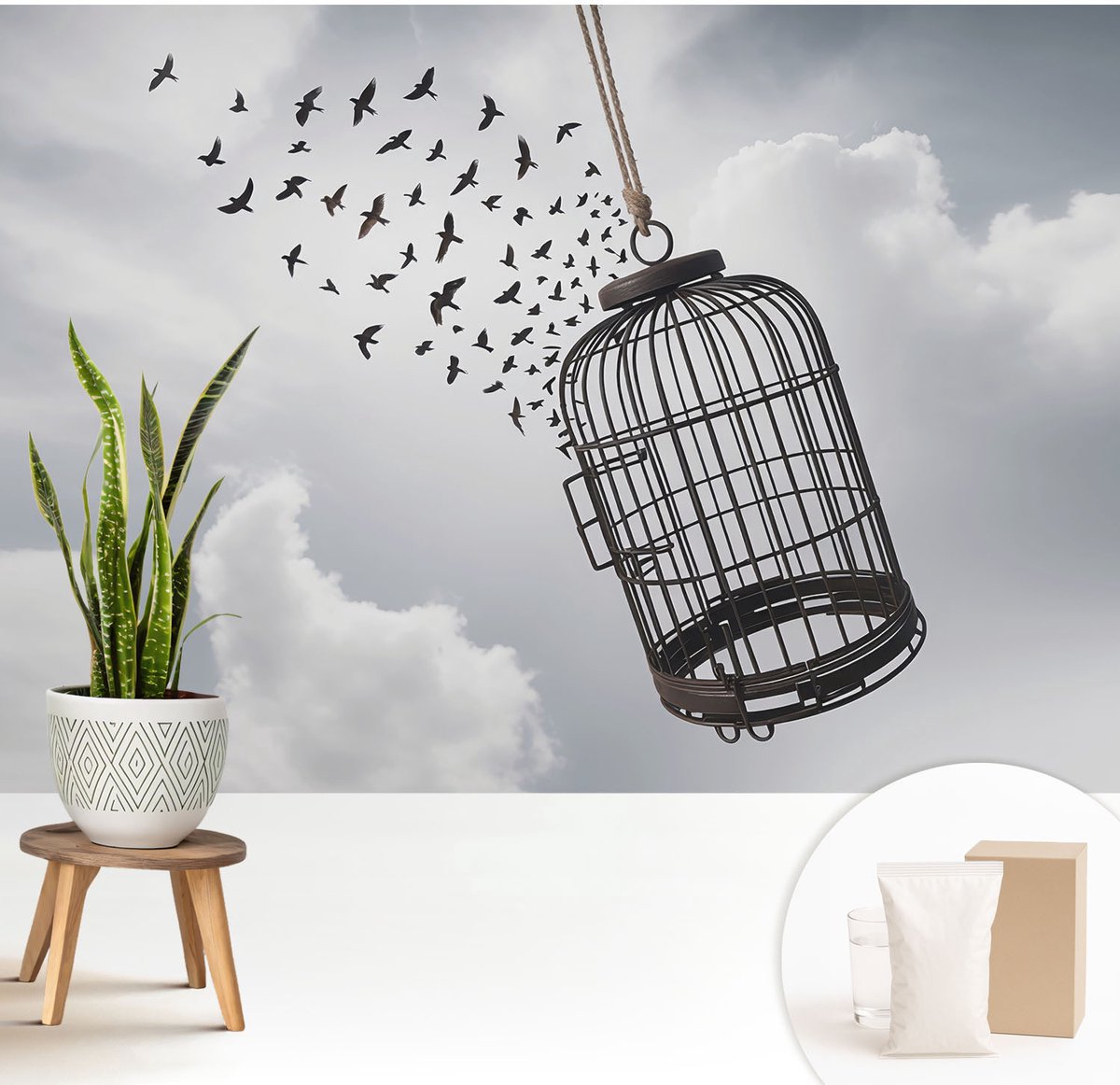 Wallfluent Fotobehang - Wit Vliesbehang - 208x146 cm - Vliegende Vogels Muurschildering - Slaapkamer behang Dieren - Fotobehang Vlies - Slaapkamer behang