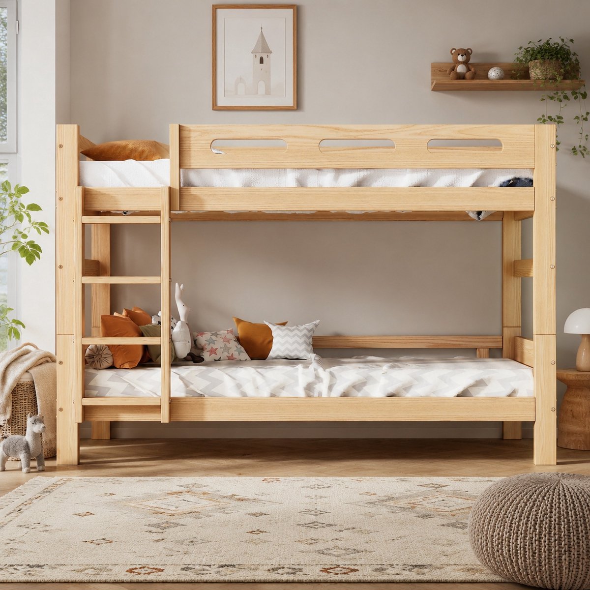 WUVRIE Stapelbed 90x200 cm, deelbaar in twee eenpersoonsbedden, met ladder en lattenbodem, naturel