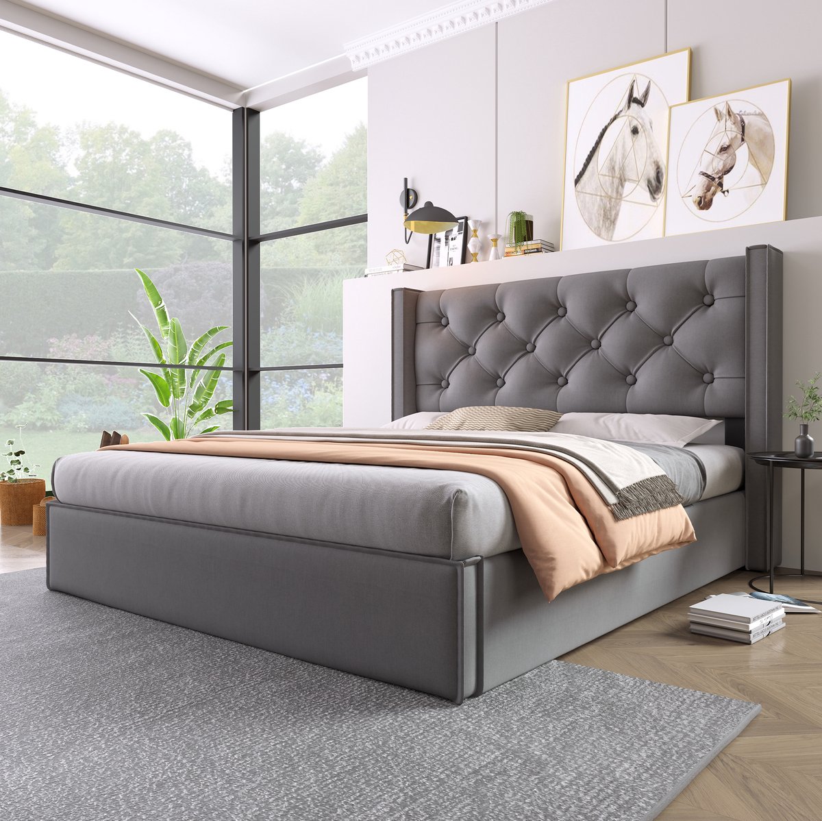 WUVRIE Gestoffeerd opbergbed 160x200 cm met opklapbare lattenbodem en gecapitonneerd hoofdbord, grijs